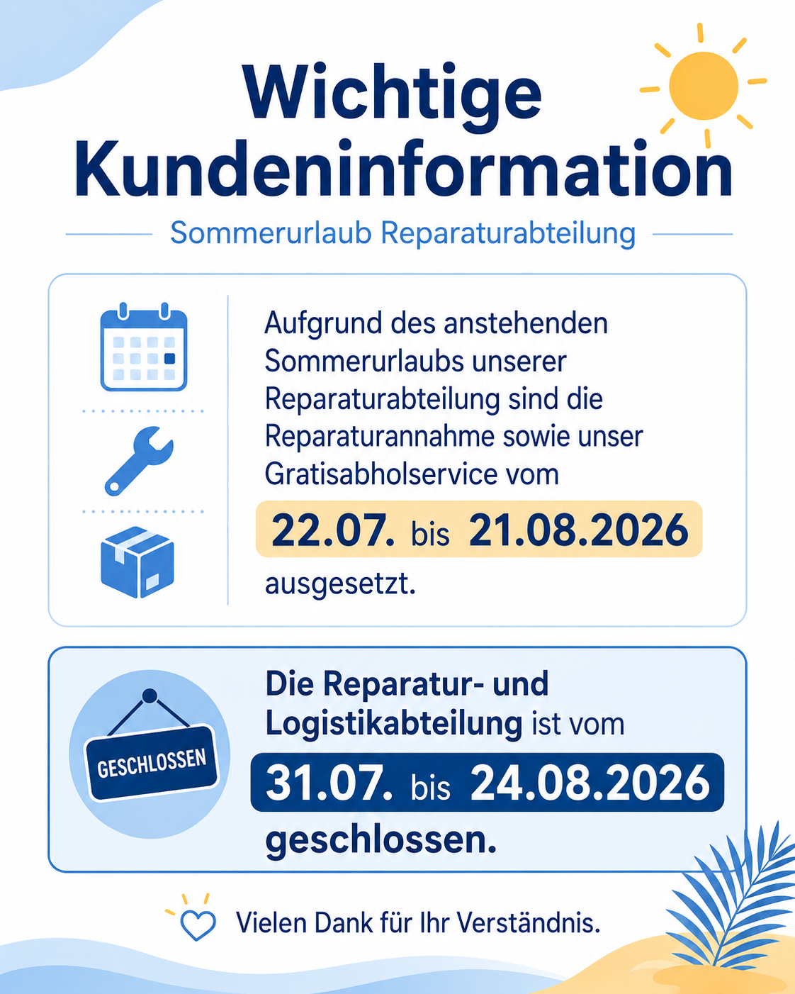 Wichtige Information zu Reparaturen und Abholservice